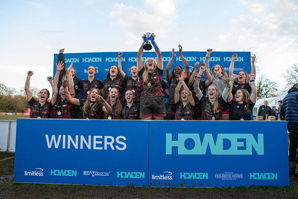 Howden Rosslyn Park National Schools Sevens winners holding up their trophy