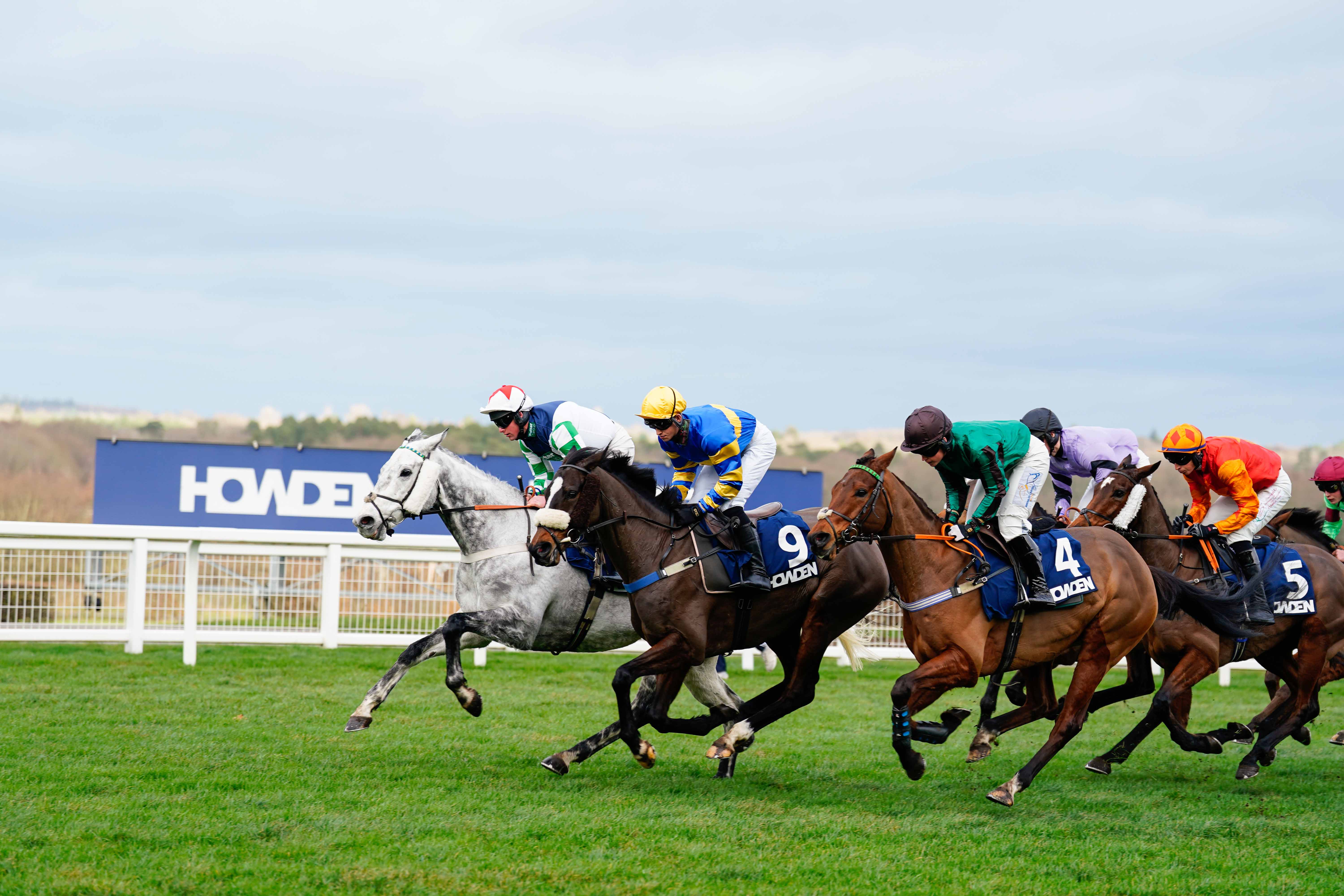 Several riders and horses racing at Ascot Racecourse